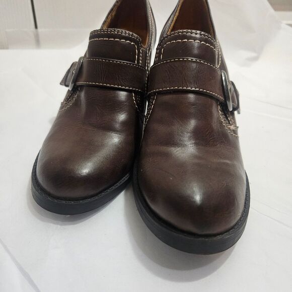 Natural Soul Pilgrim Block Heel Brown Heeled Loafer Buckle Women's 6.5 Vegan - Picture 4 of 7